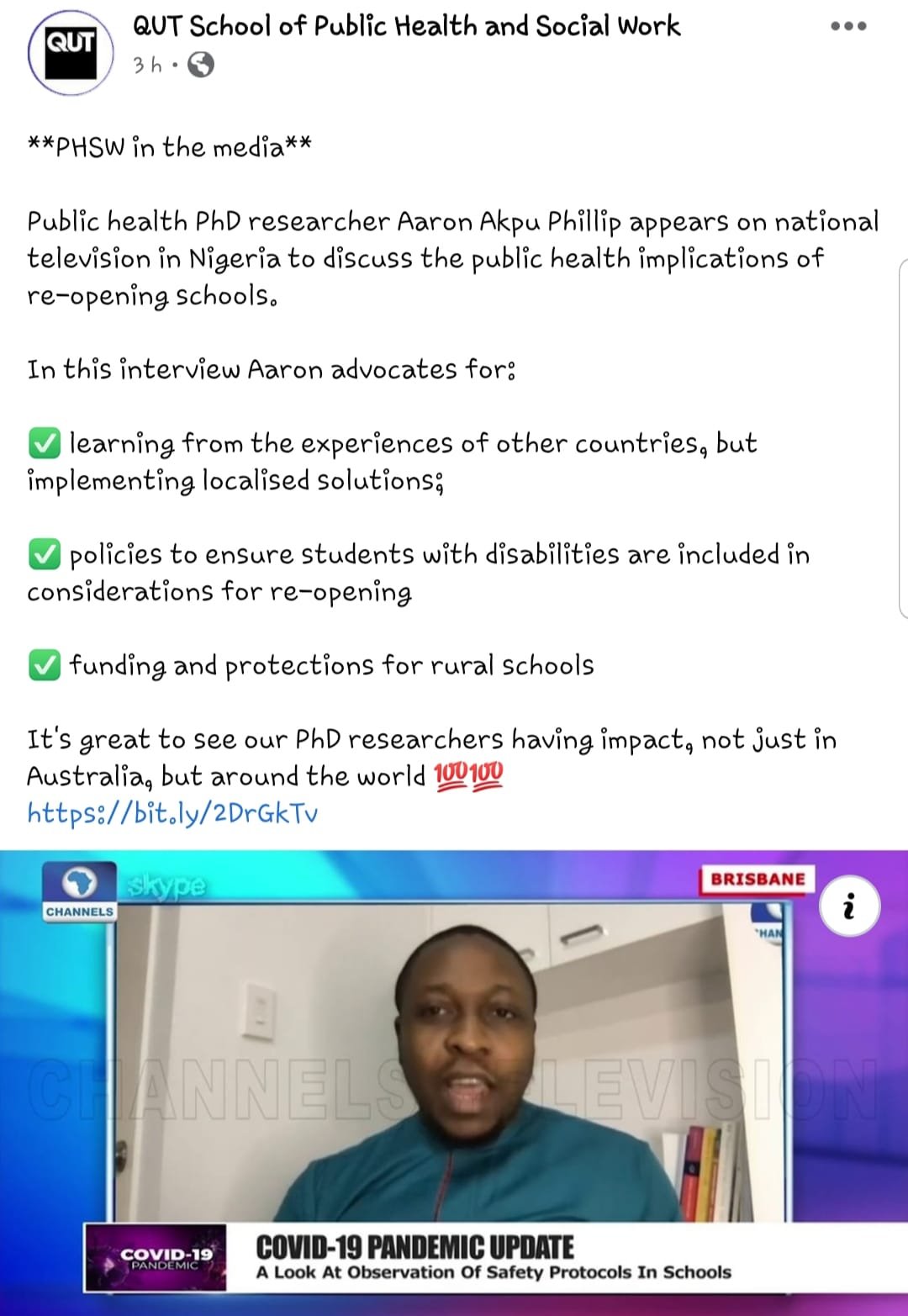 Featured image for “QUT School of Public Health and Social Work (SPHSW) publishes Aaron’s COVID-19 interview on Channels TV”