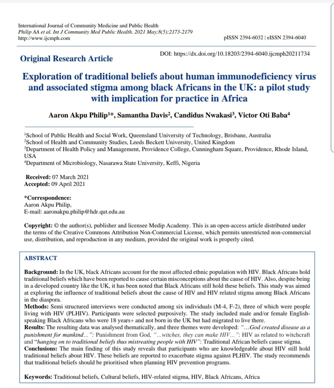 Featured image for “EXPLORATION OF TRADITIONAL BELIEFS ABOUT HIV AND ASSOCIATED STIGMA AMONG BLACK AFRICANS IN THE UK: A PILOT STUDY WITH IMPLICATION FOR PRACTICE IN AFRICA”