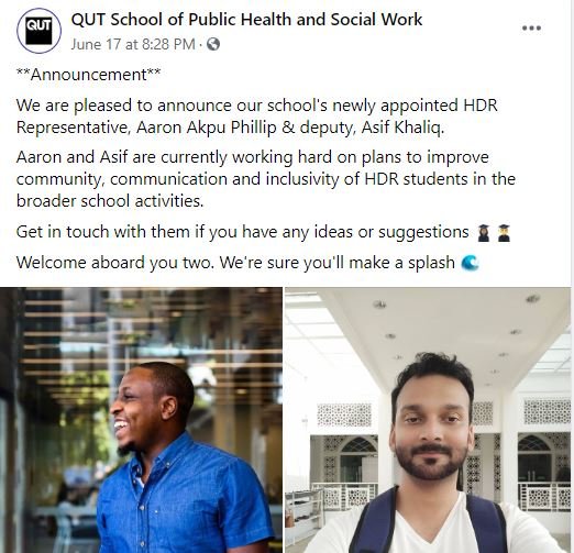 Featured image for “APPOINTMENT AS HIGHER DEGREE BY RESEARCH (HDR) REPRESENTATIVE FOR THE SCHOOL OF PUBLIC HEALTH & SOCIAL WORK.”